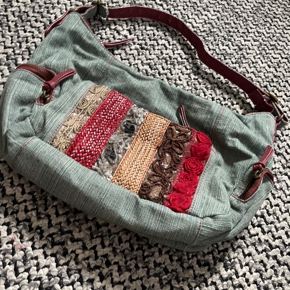 Y2K Denim Hobo Patchwork Bag w/ Embroidered & Crocheted Panels - Picture 2 of 6